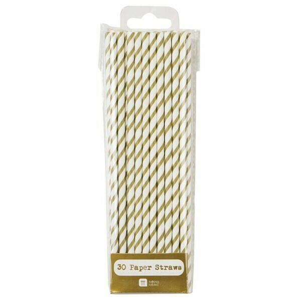 Guld & Hvid Stribet Sugerør 20Cm 30Stk Cocktailtilbehør