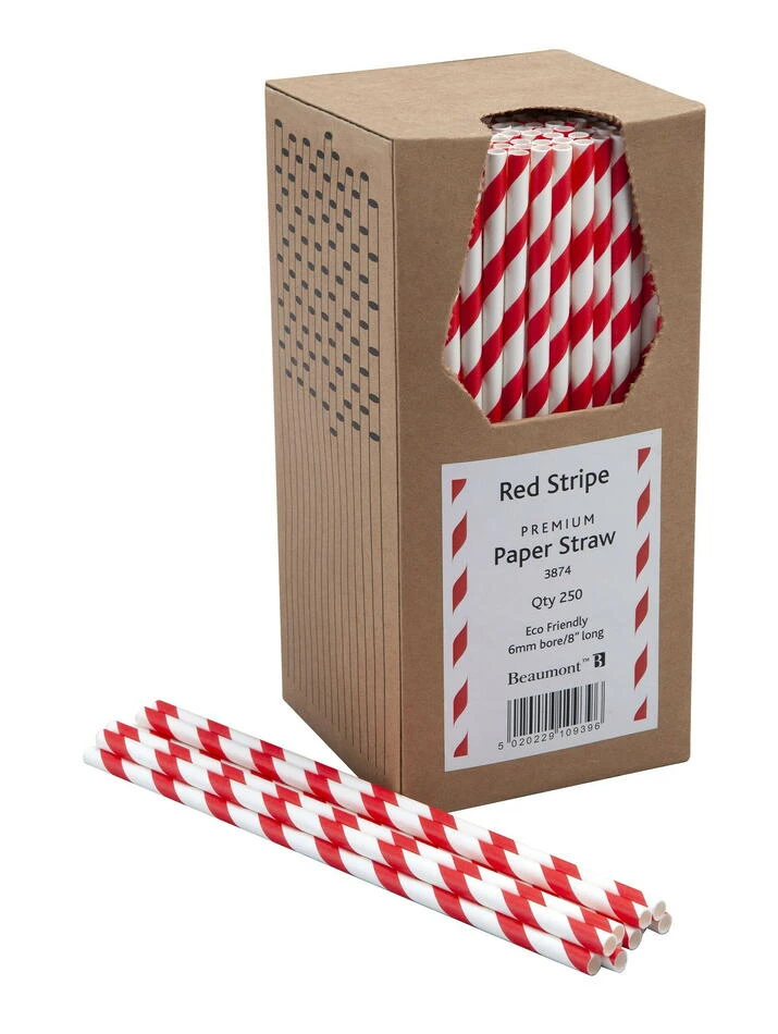 Papirsugerør 20cm 6mm  - Rød & Hvid stribet Pk 250 BTBL3874 by Beaumont color Hvid