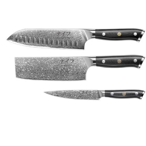 Damascus by Hâws Santoku, Grøntsag & Utility Knivsæt 30-DSVUG by Damascus by Hâws color Sølv/ brun