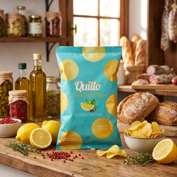 Lemon & Pink Peber Chips Quillo 45g 1987 by Deli Drengene color Sort