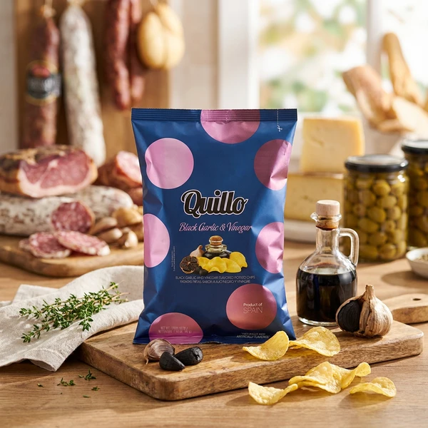 Chips med Eddike og Sort Hvidløg Quillo  45g 1990 by Deli Drengene color Sort