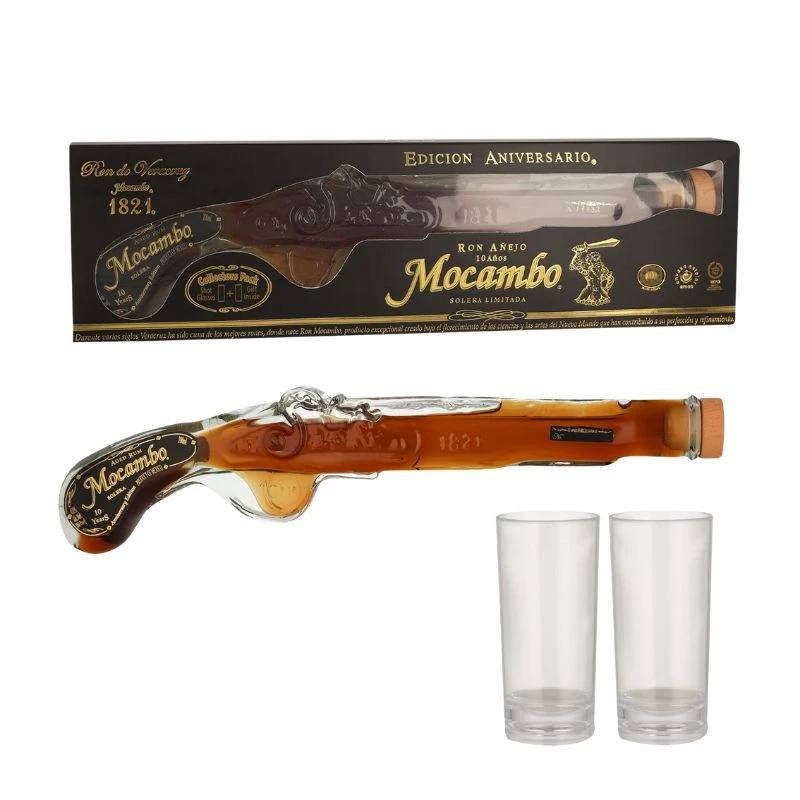 Mocambo Rum Anejo 10 års Pistol + 2 Glas 20 cl L-18-304-00 by Barlife color Sort