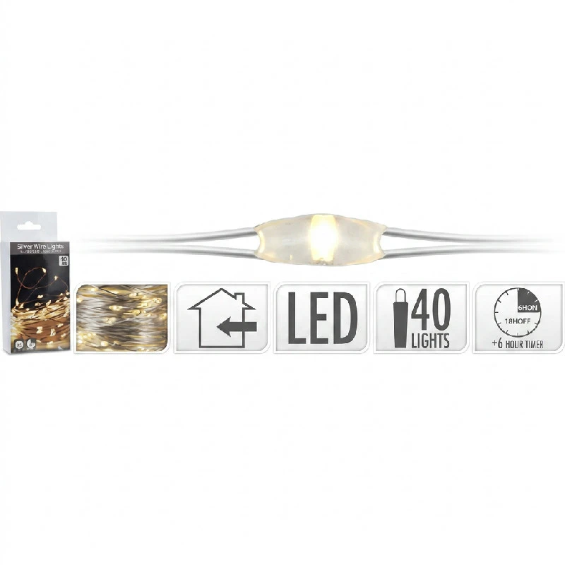 Lyskæde Stålwire Indendørs m/40 LED Varm Hvid m/Timer 4300256  color Hvid