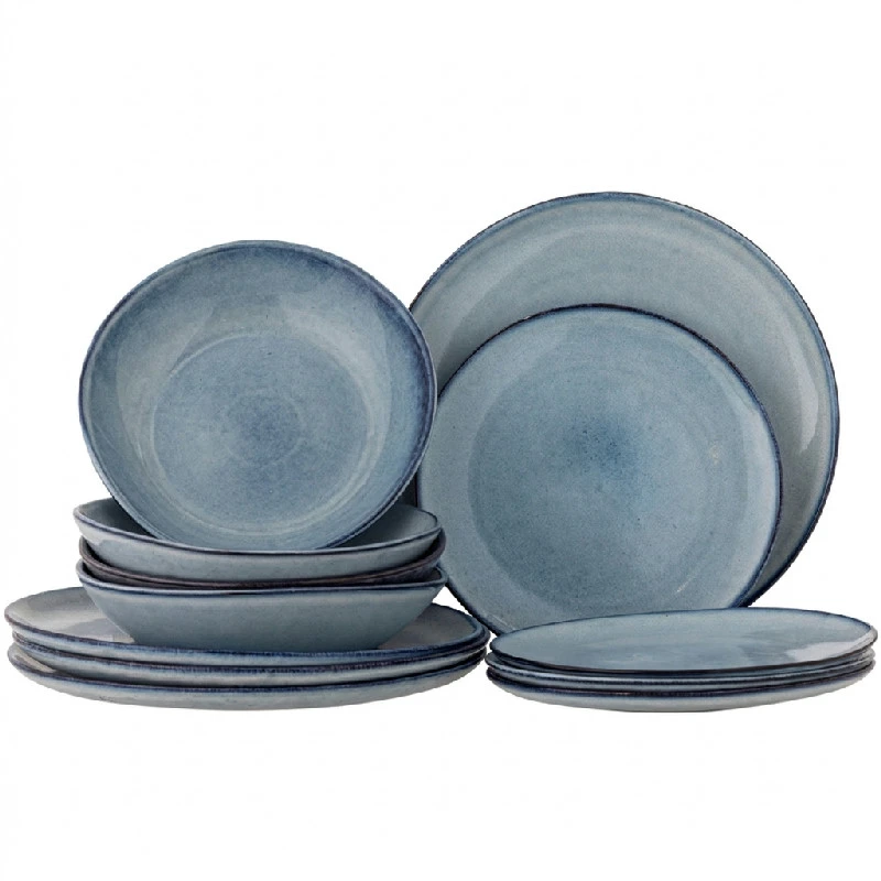 Sandrine Bordservice Sæt, Blå, Stentøj 4 x 3 stk 82068305 by Bloomingville color Sort