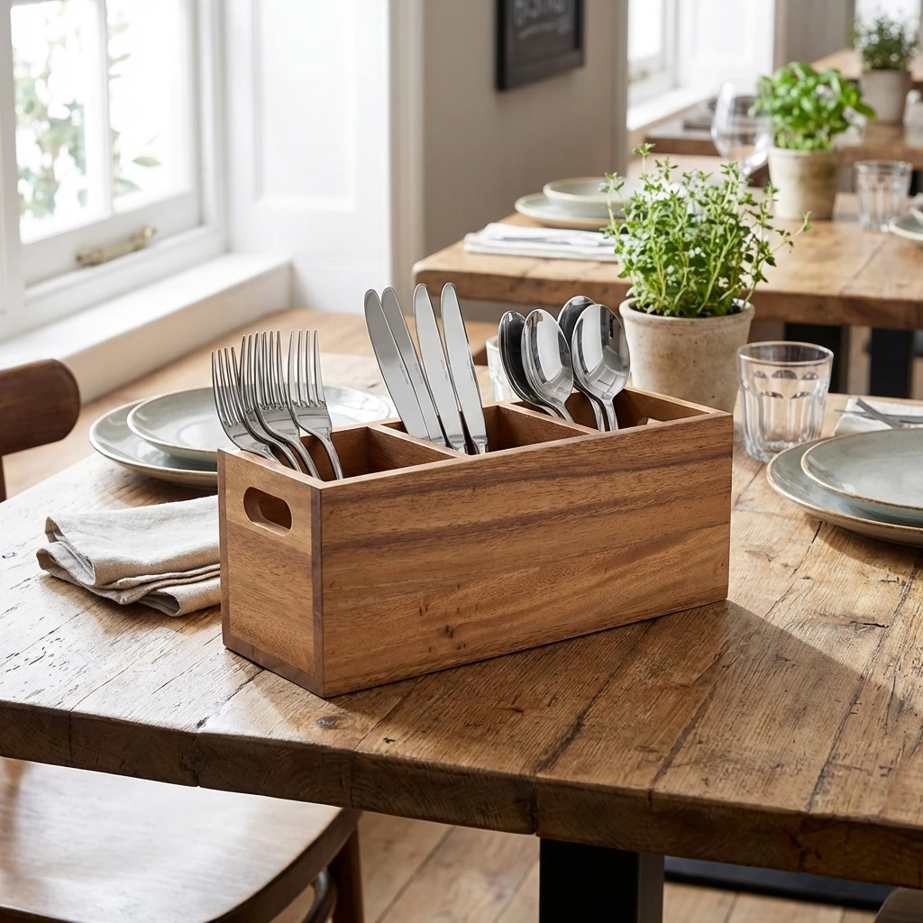 GenWare Acacia Wood Bestikboks med 3 rum WDCB-3 by Genware color Sort