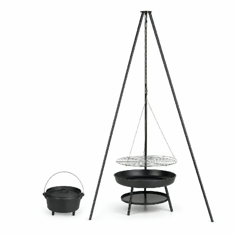 Tripod Hængegrill med Støbejernsgryde grillgrydecombo  color Sort