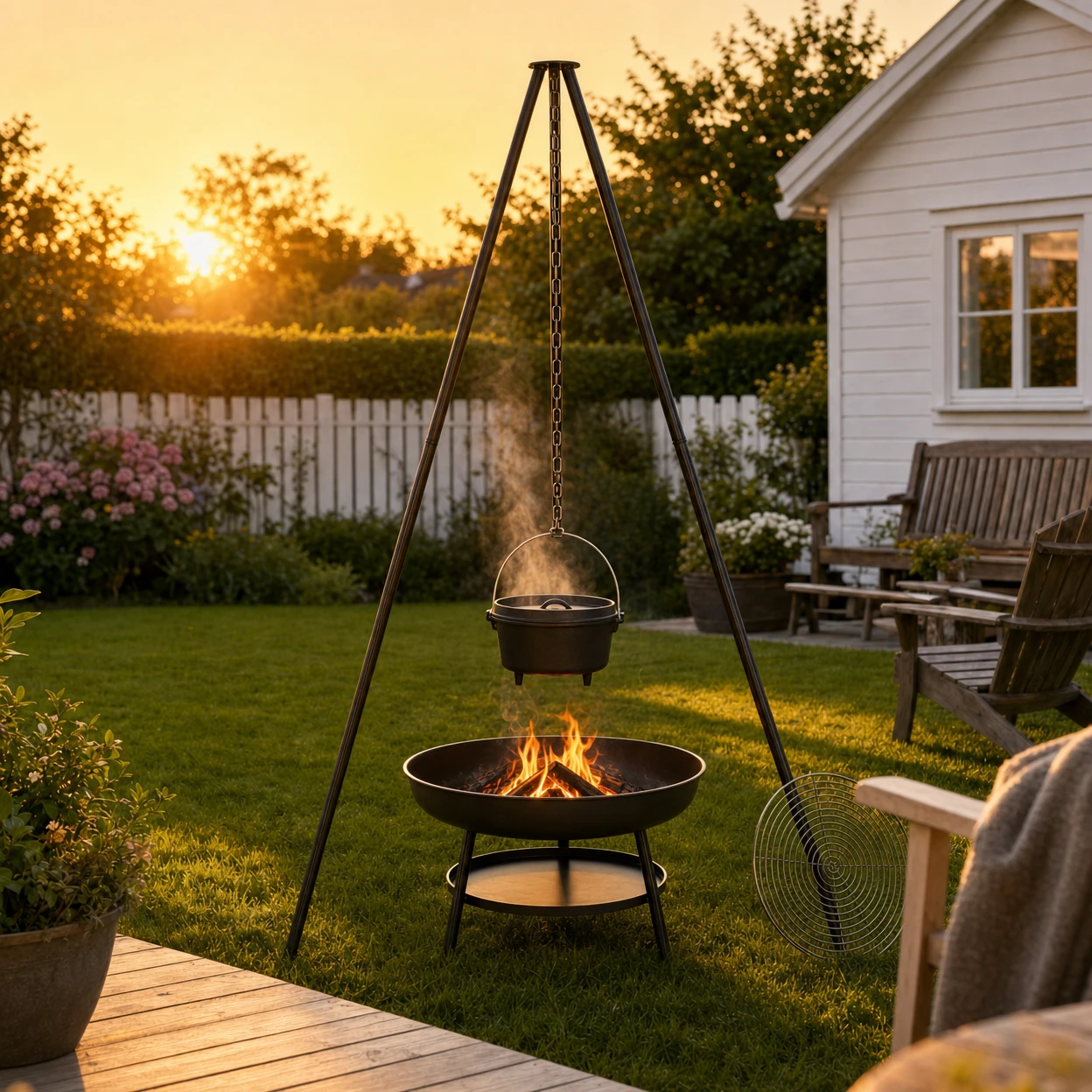 Tripod Hængegrill med Støbejernsgryde grillgrydecombo  color Sort