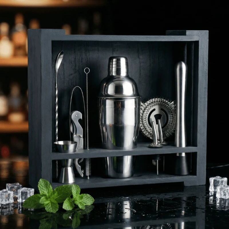 Cocktail sæt 11 dele – rustfrit stål i sort træ gaveæske CG-TJ26B  color Sort