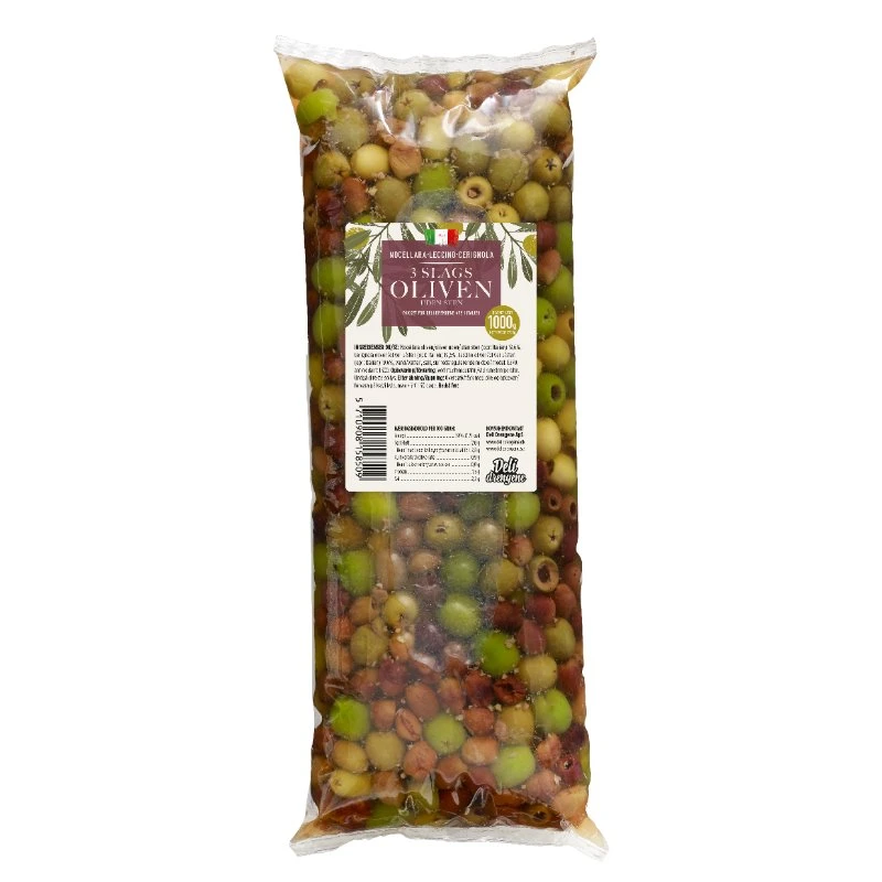 Leccino, Nocellara, Cerignola u/sten 1700g Drænet 1000g 2123 by Deli Drengene color Sort