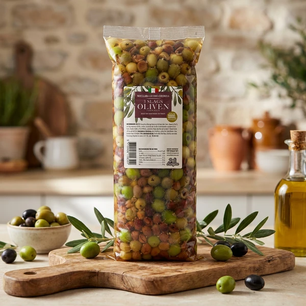 Leccino, Nocellara, Cerignola u/sten 1700g Drænet 1000g 2123 by Deli Drengene color Sort