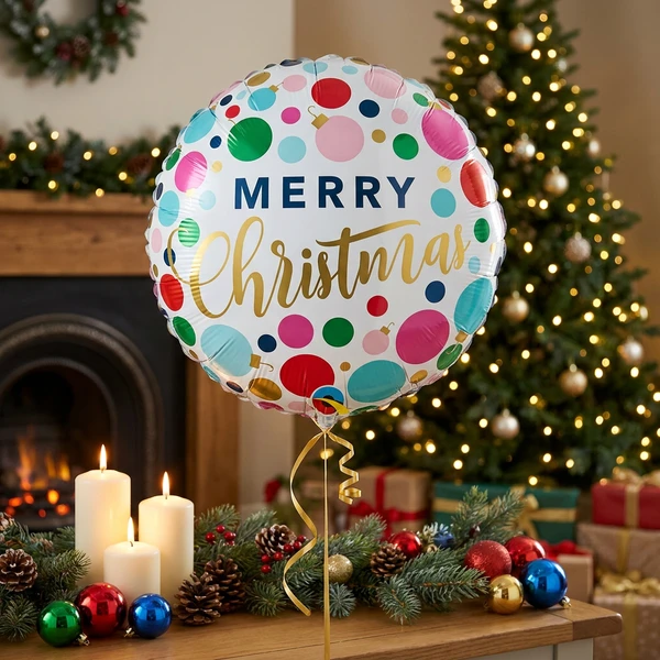 Folieballon 45cm QL RND "Glædelig Jul" (farvede prikker og dekorationer) 23318 by Godan color Sort