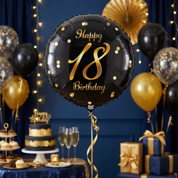 Folieballon Glædelig 18 års fødselsdag sort guldtryk 45cm FG-O18C by Godan color Sort