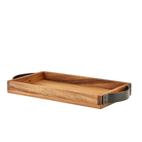 Serveringsbakke i akacietræ med metalhåndtag GenWare 32,5 x 17,5 cm WST3217 by Genware color Træ