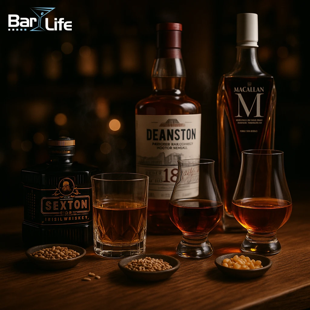irsk whisky guide, hvad er bourbon, single malt vs blended, skotsk whisky røg (tørv), islay whisky røgsmag, whisky lagring egetræsfade, bourbon 51% majs, bedste whisky til begyndere, hvordan drikker man whisky, whisky med vand eller is, 